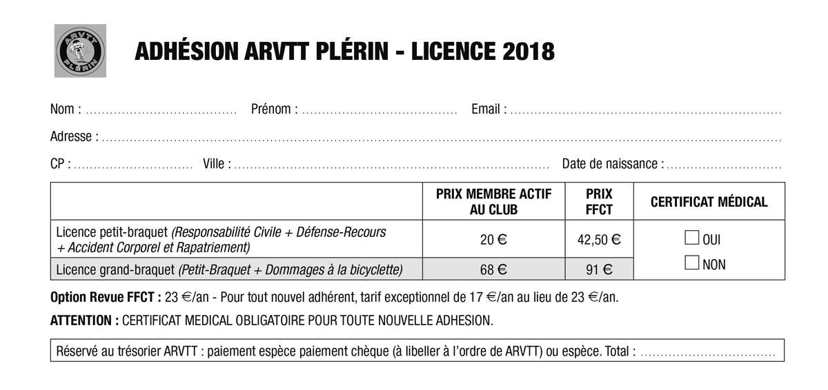 formulaire licence 2018